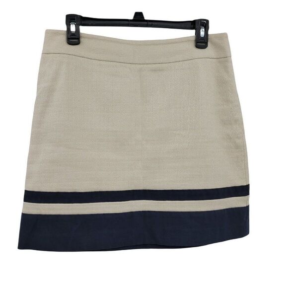 Ann Taylor Loft Tan Burlap Textured Linen Blend Navy Striped A-line Skirt Sz 8 - Picture 1 of 9